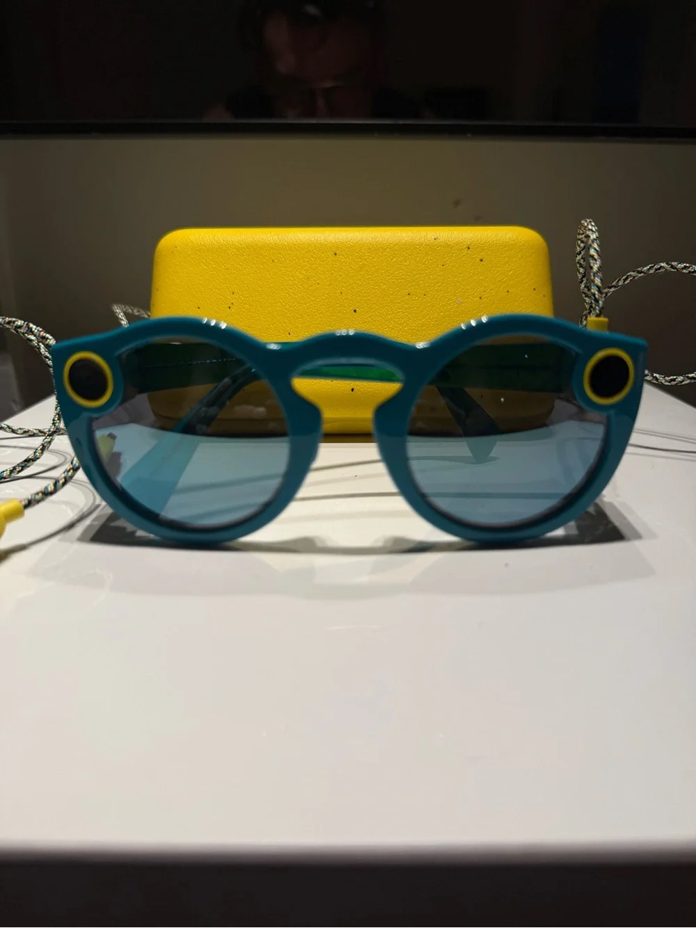 Bright Teal Snap Camera Sunglasses with Yellow Case - Collectors